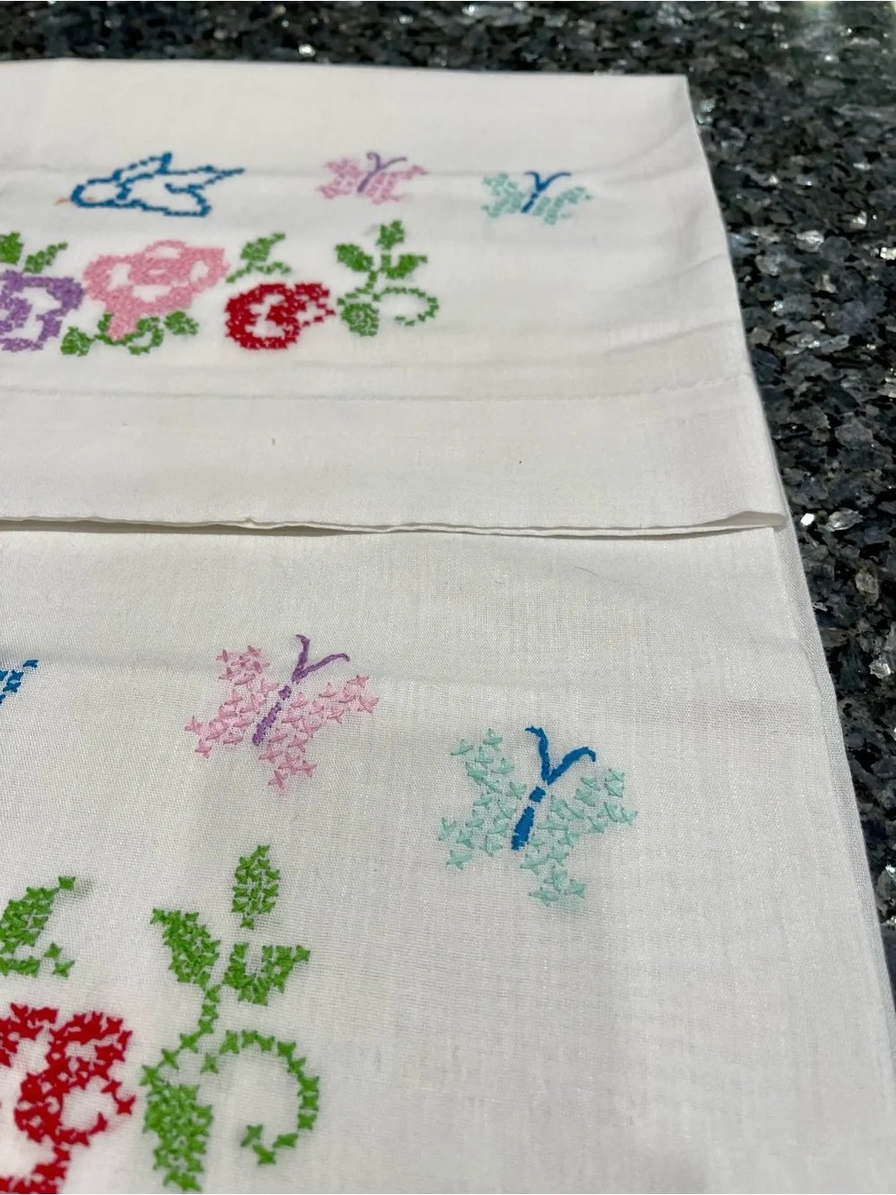 Handmade Needlepoint Floral Bluebird Butterfly Standard Pillowcase Pair